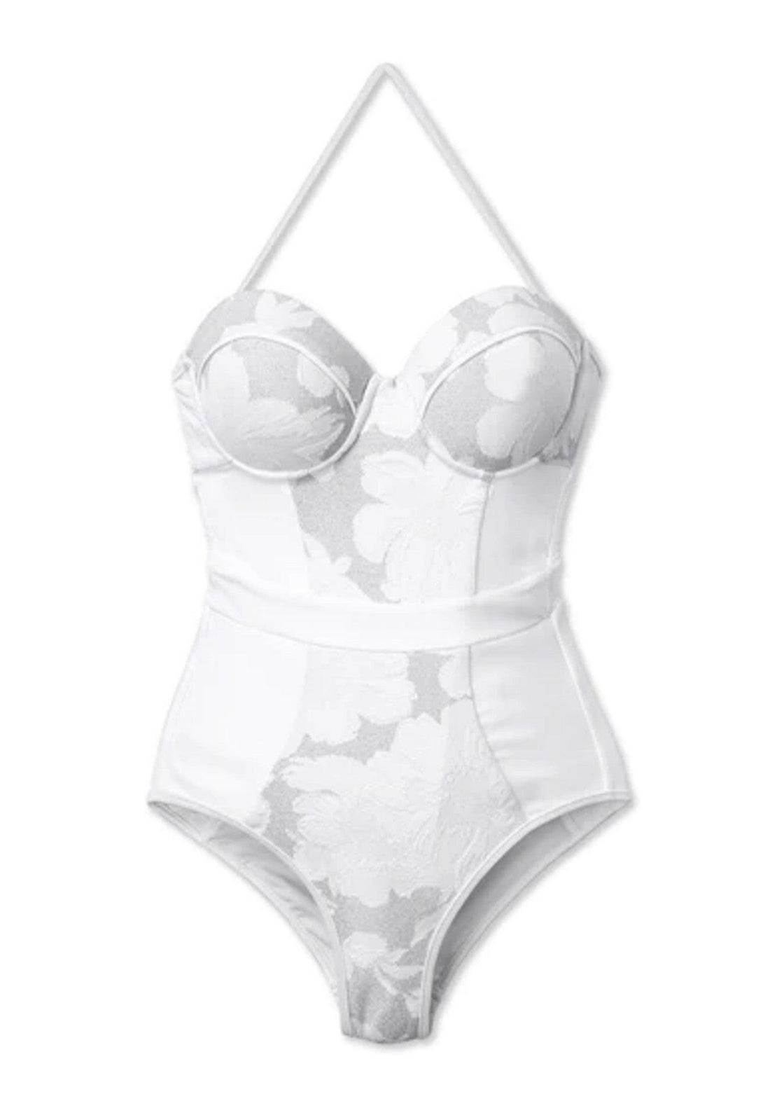 Electric Bloom Nicole 連身泳裝採用白色紋理設計,搭配細緻的金蔥點綴,呈現優雅質感。