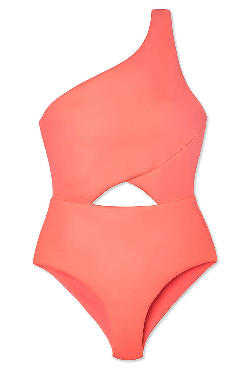 Hyper Tropical Eva 連身泳裝為不對稱設計,採用斜裁接縫設計與單肩帶剪裁,打造時尚摩登感。