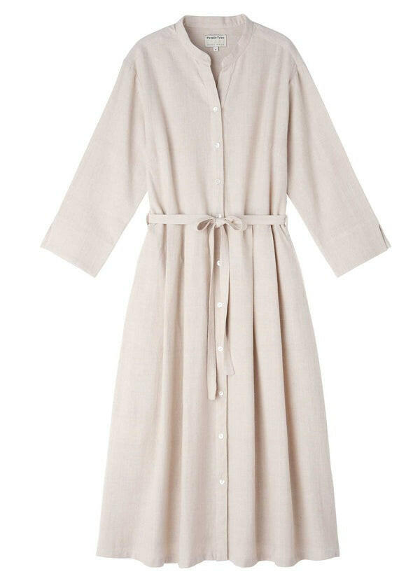 People Tree 棉麻七分袖襯衫洋裝 - 米色