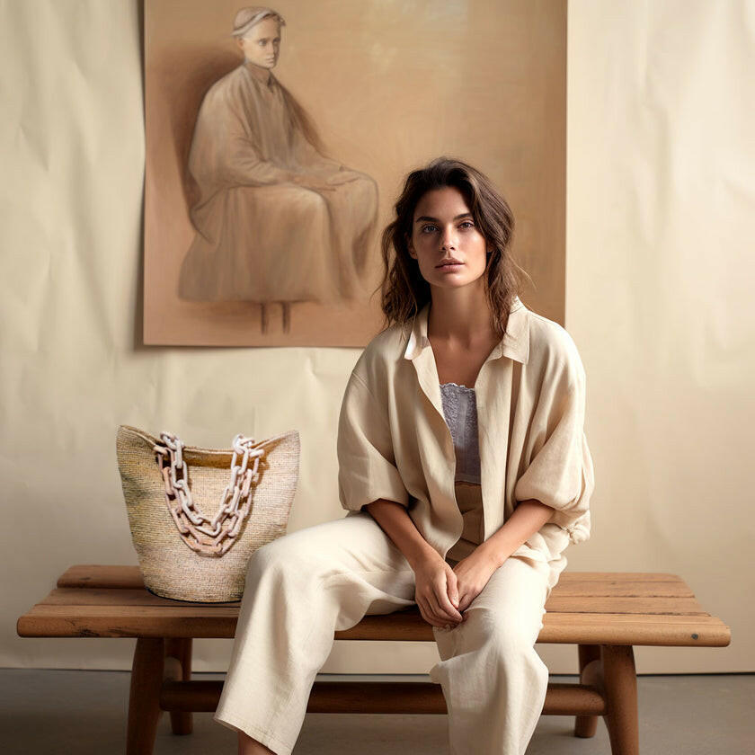 Indego Africa 此款 Rulindo鉤針編織拉菲草手提包採用天然拉菲草纖維手工編織而成,獨特的幾何鏈條手把設計,為經典編織工藝注入現代摩登氣息,使整體造型更具個性與時尚感。