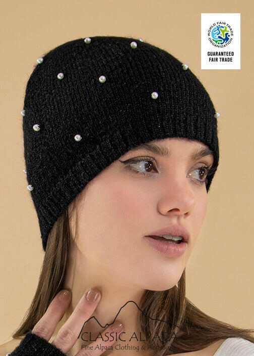 Classic Alpaca 優雅珍珠綴飾羊駝毛帽 - 黑